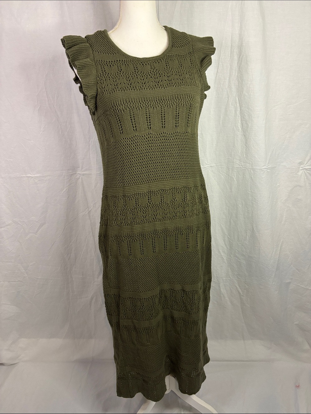 Liz Claiborne Olive Knit Midi Dress with Ruffle Sleeves